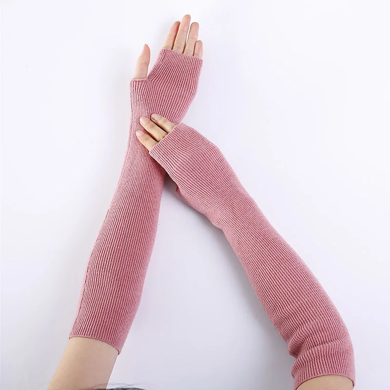 Новые женские зимние длинные перчатки DIY из тонкой шерсти вязаные теплые митенки без пальцев женские перчатки - Цвет: Pink