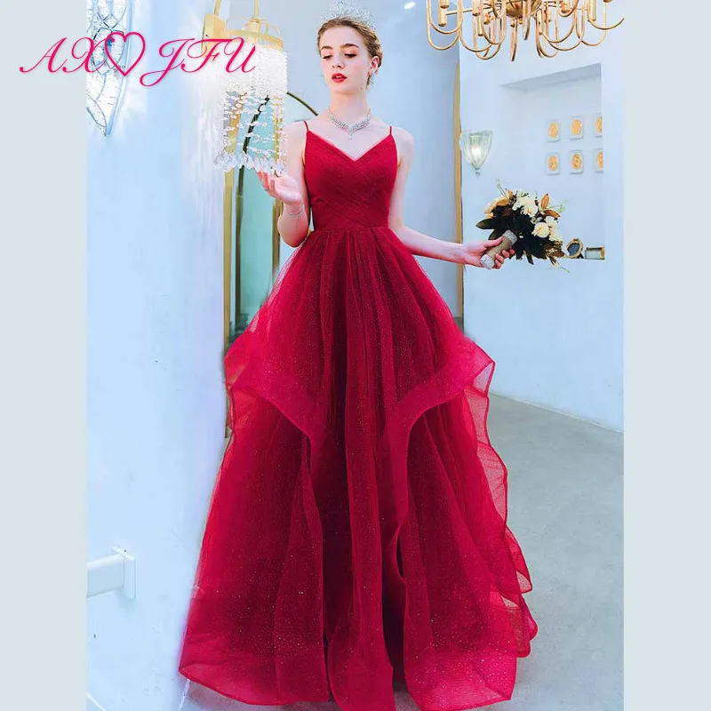 

AXJFU luxury red lace princess evening dress vintage spaghetti strap beach party host red ruffles long bride evening dress 2287
