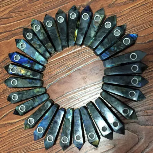 

10 pcs Natural Labradorite POINT Gem light Quartz Crystal Wand Pipe Hole A1