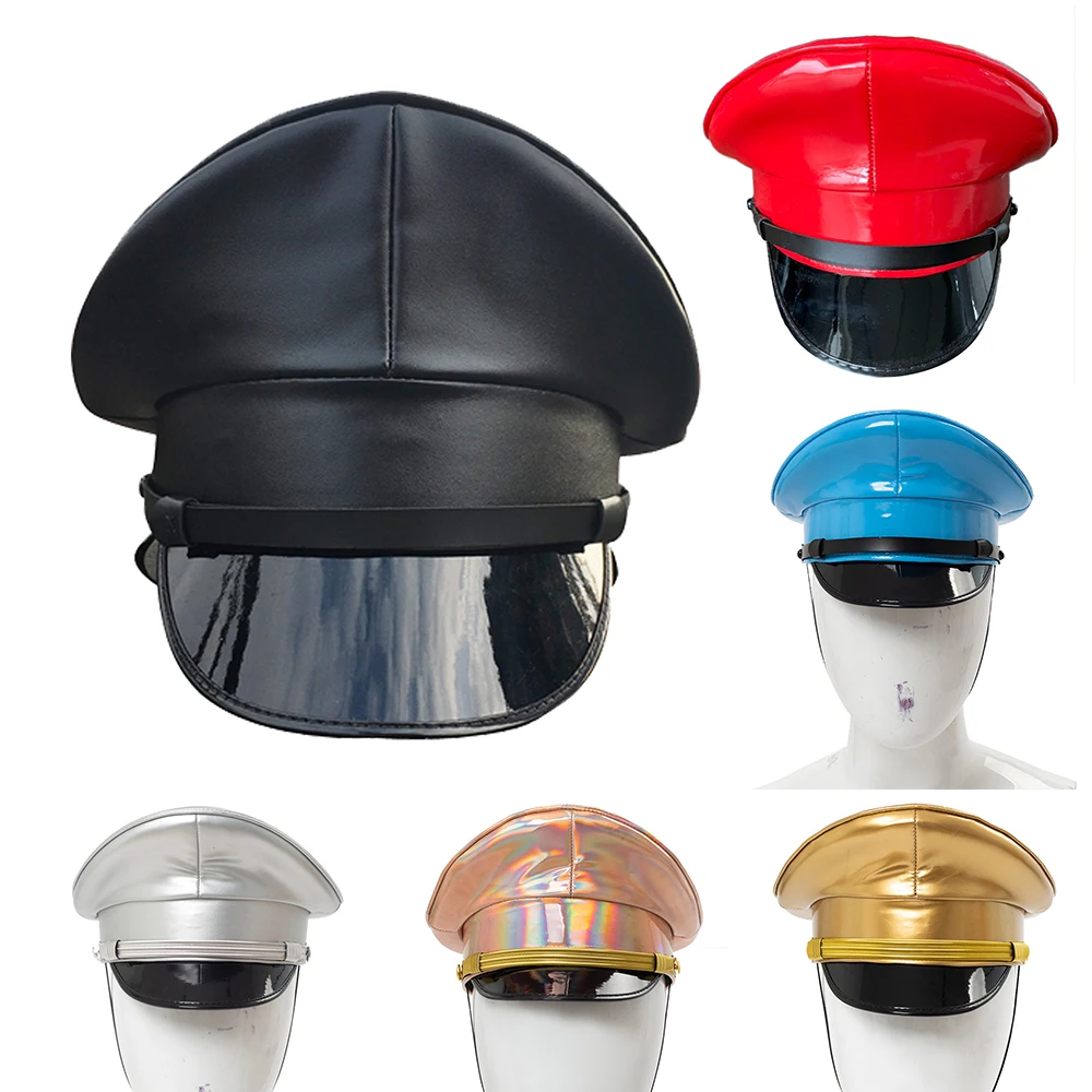 

Night Bar Cap Military Sercurity Hat Captain PU Leather Red Hat Stage Performance Prop Cap 57/59/61cm