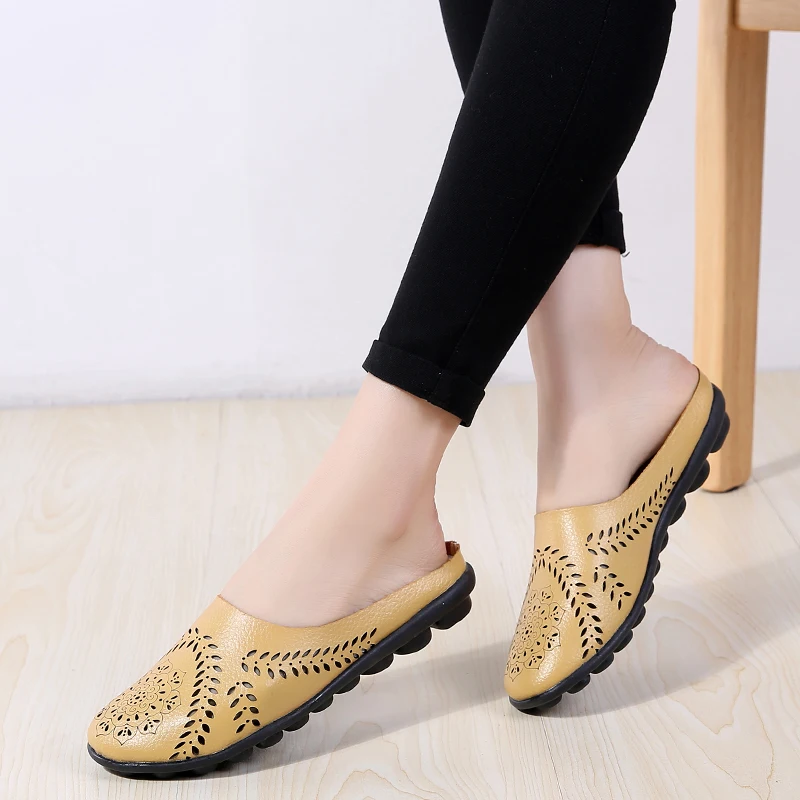 women slipper yellow Женские шлепанцы; кожаная обувь без задника; женские Вьетнамки; женские сандалии; женские летние туфли без задника с перфорацией; большие размеры - Цвет: women slipper yellow