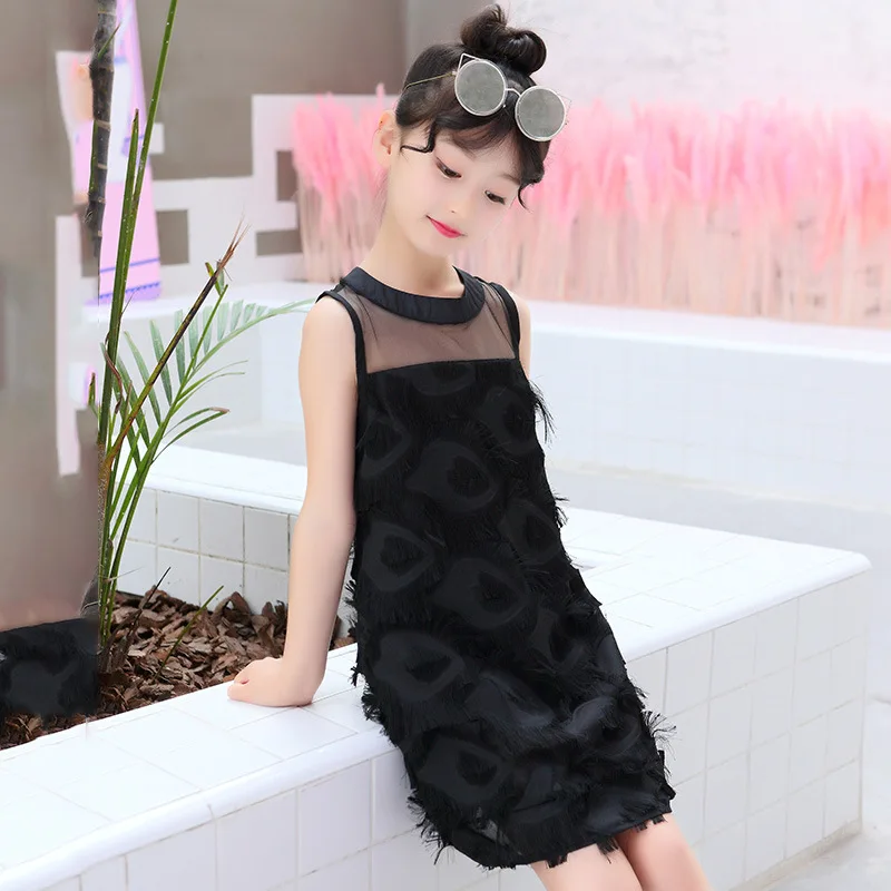 VYU Girls Dresses 4~14 Yrs Children Clothing Summer 2020 Cotton O-Neck Strap Princess Dress Feather Tassel Sweet Vestido | Детская