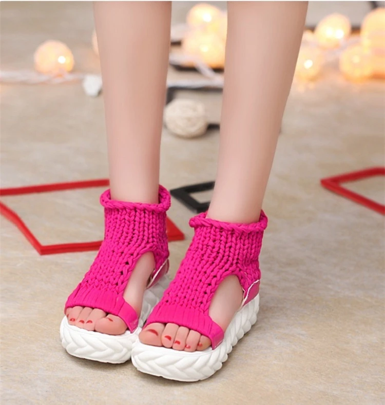 Comfortable Casual Wool Women's Summer Sandals New Arrival Knit Platform Shoes Candy Color Wedge Sandalias