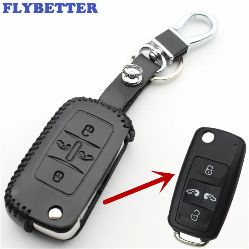 

FLYBETTER Genuine Leather 4Button Flip Key Case Cover For Vw Sharan/Multivan Car Styling L1298