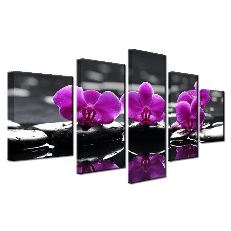 HD Print Picture Room Wall Art Frame 5 Pieces Purple Moth Orchid Painting Home Decor Canvas Flower Stone Poster | Дом и сад