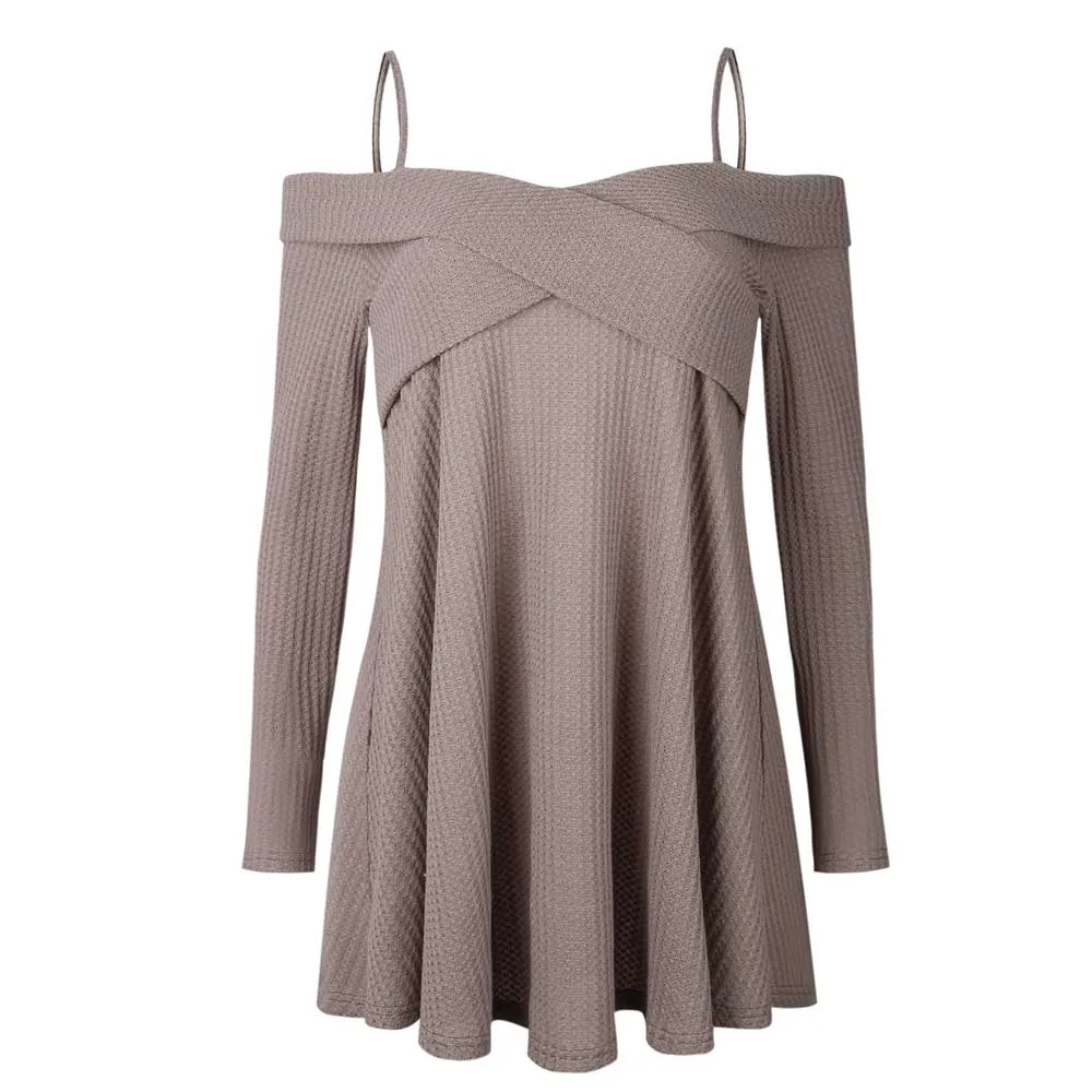 Sexy Cold Shoulder Criss Cross Tunic Sweater Casual Solid Spaghetti Strap Long Sleeve Pleated Pullover Jumpers Ladies Loose Tops | Женская