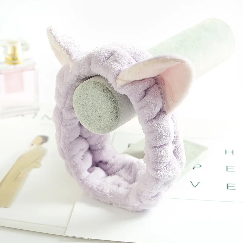 A Fold light purple Милая мягкая флисовая женская повязка на голову с заячьими ушками для макияжа, повязка для волос для мытья лица, спа-маска для душа - Цвет: A Fold light purple