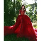 Великолепные красные свадебные платья Русалочки, съемный шлейф из тюля, модные кружевные бальные платья с аппликацией, 2018 г., платье для арабских женщин для вечеринок