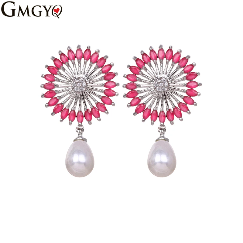

GMGYQ Zircons Klassieke Bloem Design Mode Vrouwen Cubic Zirkoon Earrings For Women Met Bungelende Pearl Sieraden Voor Dames