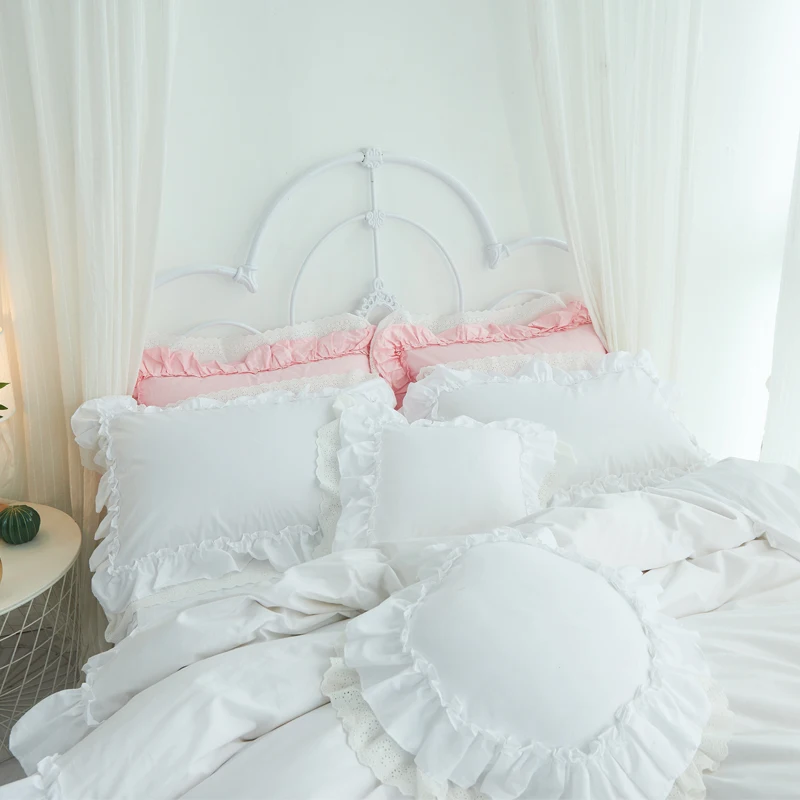 

Korean Snow White Bedding Set King Queen Ruffle Bed skirt Handmade Wrinkle Solid Princess Duvet Cover Bedspread bed sheet Cotton