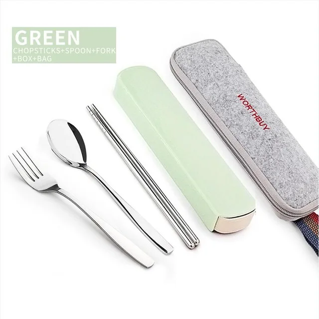 Green 4 Set With Bag Портативный набор посуды, китайская посуда из нержавеющей стали с коробкой для малыша, набор посуды для пикника, кухонные аксессуары - Цвет: Green 4 Set With Bag