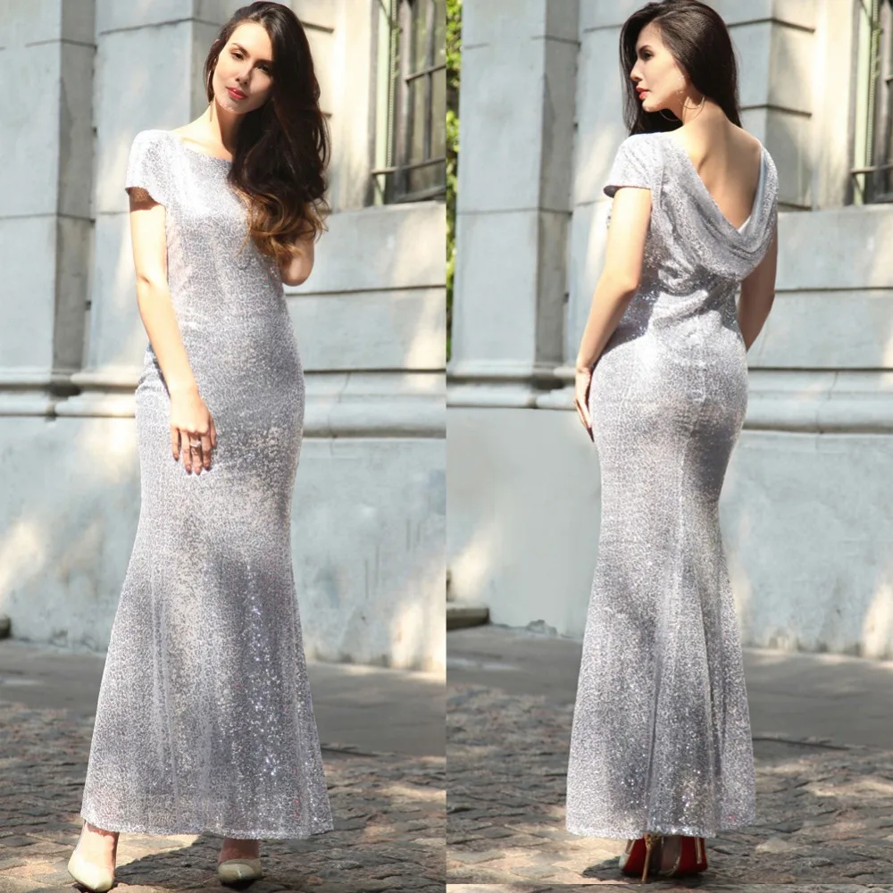 Женское длинное платье с блестками цвета шампанского до пола коротким рукавом