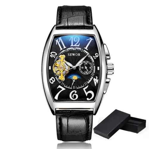4 with box SEWOR, новинка, черные, золотые, Tonneau Tourbillon, автоматические механические часы для мужчин, ремешок из натуральной кожи, мужские часы, мужские наручные часы - Цвет: 4 with box