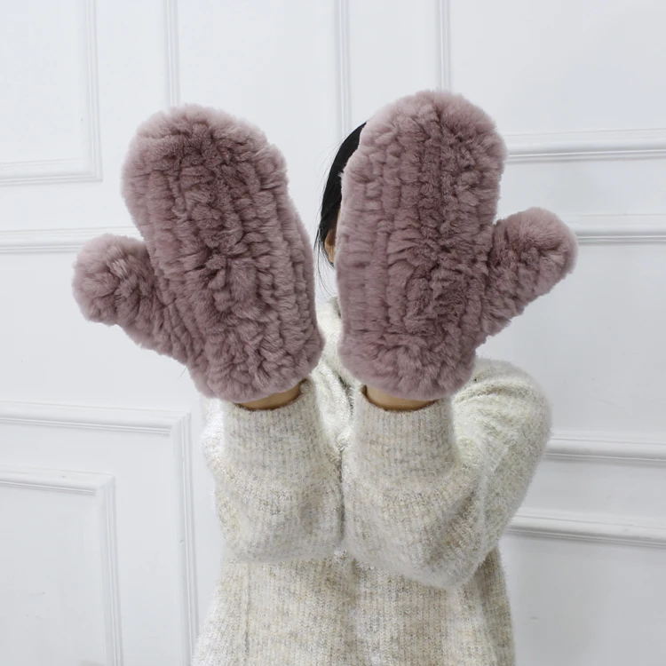 Зимние плотные вязаные перчатки из кроличьего меха Рекс кожаные варежки