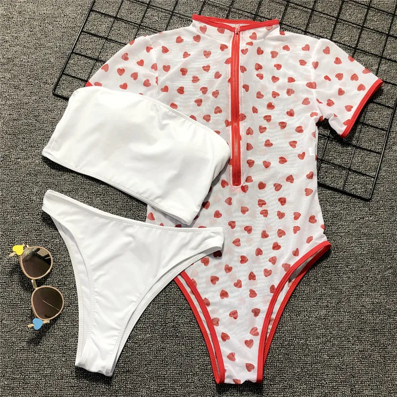 Бикини с коротким рукавом 2019 сексуальный купальник на молнии сетчатый Цельный