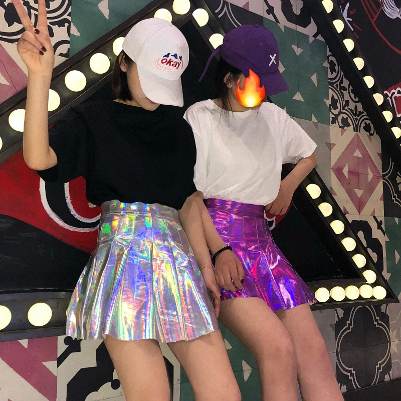 Женская плиссированная юбка Harajuku Лазерная опрятная юбка Мини Милая школьная форма Дамская Jupe из искусственной кожи кавайная юбка Saia Faldas 4DQ6101