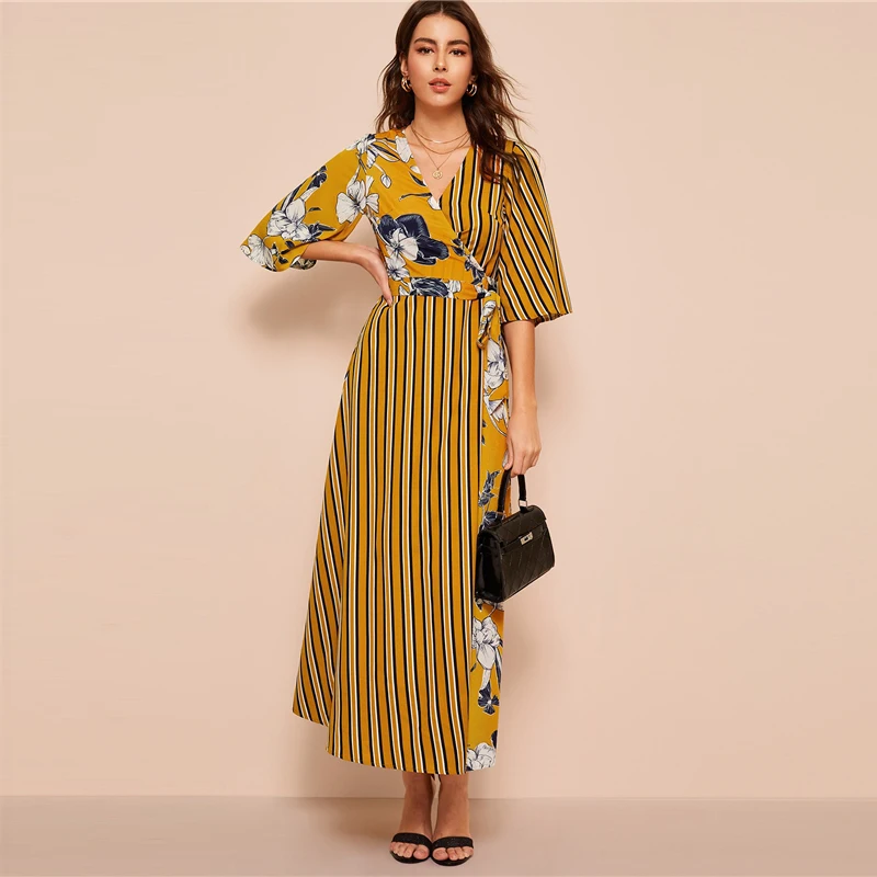 SHEIN платье в полоску с цветочным принтом, платье с вырезом, рукав три четверти, женские платья с высокой талией, весенне-осенние платья
