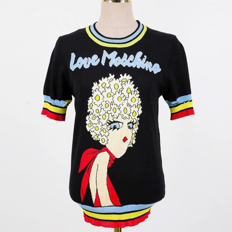 2018 Runway Summer Autumn O-neck Pullover Female Striped Sweater Newest Women's Knitted Tops Girl Letters Short Sleeve Sweaters | Женская