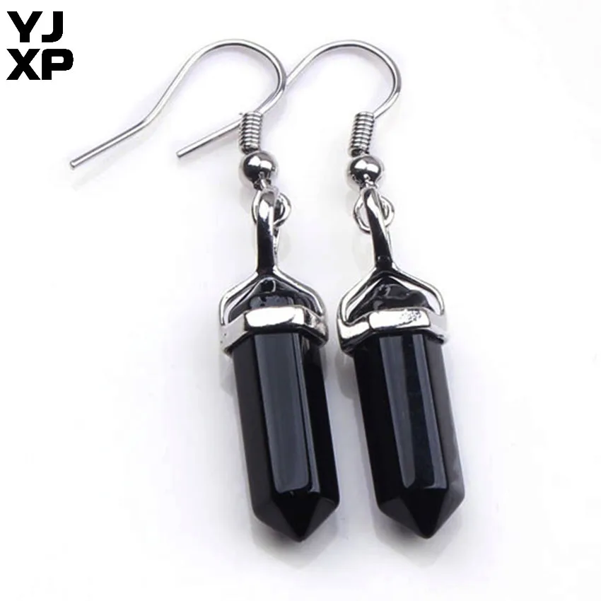 black agates YJXP посеребренные шестиугольная Призма кристалл натурального кварца Малахитовый Камень Висячие серьги для подарка Женская мода Шарм ювелирные изделия - Окраска металла: black agates