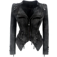 sx gothic gray punk rivet jackets women denim jacket spring winter zipper motorcycle outerwear