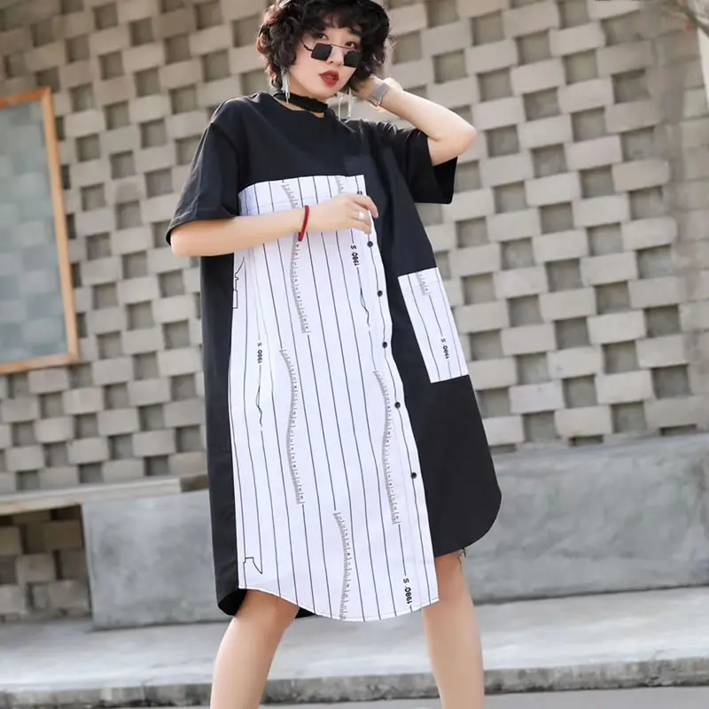 [XITAO] 2019 New Europe Casual Loose Short Sleeve Button Pocket Striped O-neck Fashion Asymmetry Knee-length Dress WBB3261 | Женская