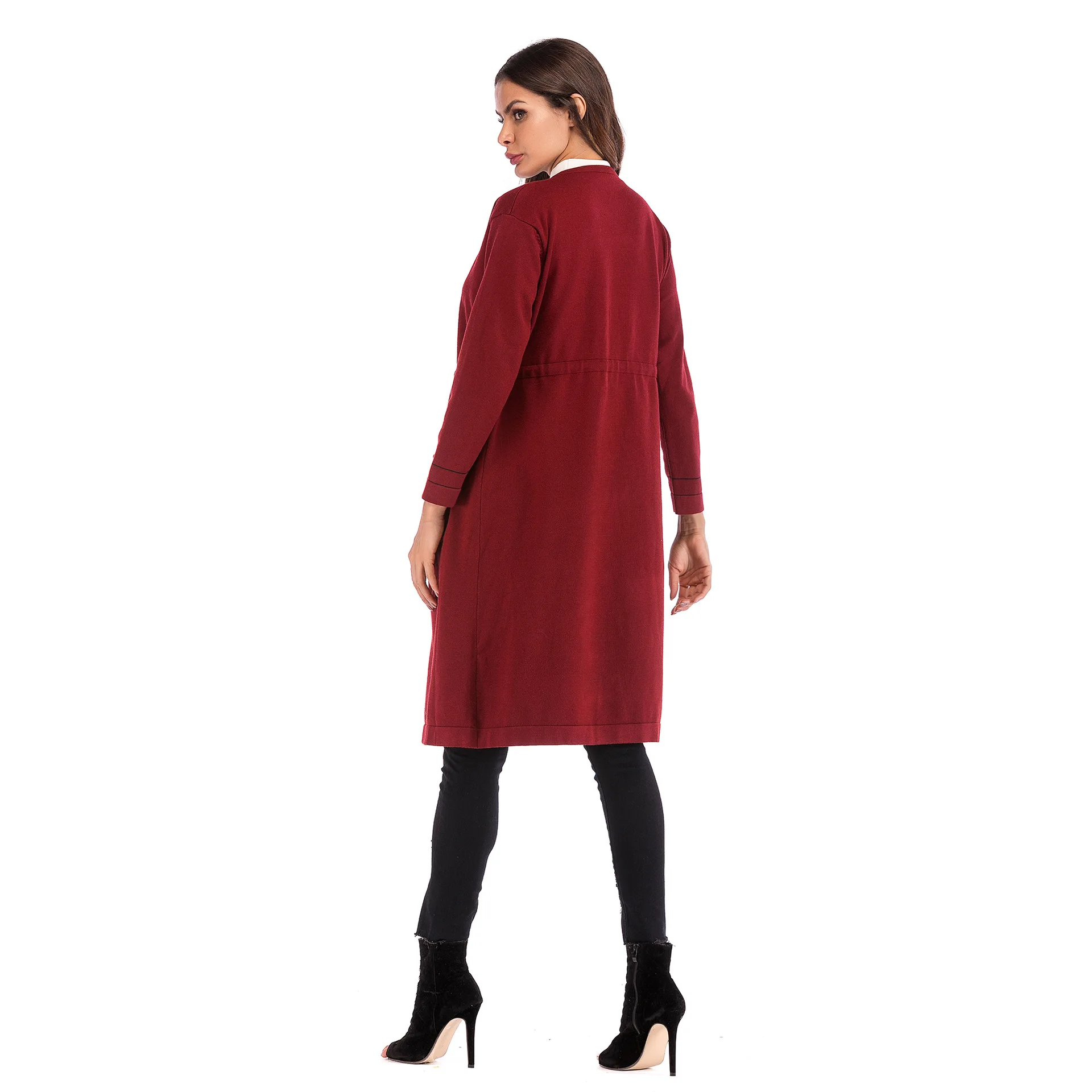 Womens Winter Open Front Split Stripe Belt Lace Up Pocket Knitting Sweater Long Cardigan Lady Autumn Cape Wrap Scarf Casual Coat |