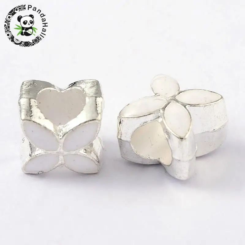

alloy enamel european beads, large hole beads, flower, Metal, white, 10x10x8mm, hole: 5mm