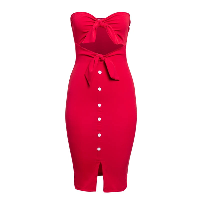 Bright red Glamaker, сексуальное женское платье без бретелек, с вырезом, с красным бантом, с разрезом, миди, вечерние, облегающее платье, элегантное, черное, для клуба, на пуговицах, короткое платье - Цвет: Bright red