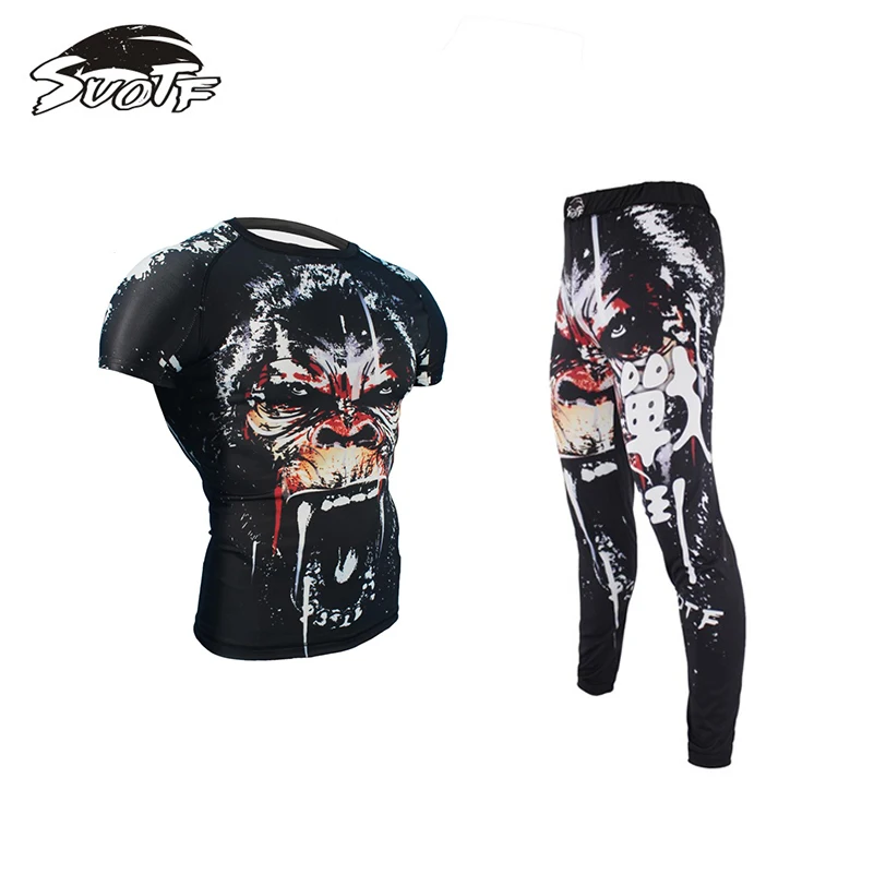 MMA Fightwear компрессионная футболка и штаны с принтом Angry Gorilla, боксерский Рашгард, футболка для кикбоксинга, брюки, Муай Тай, эластичные колготки - Цвет: Tee and Pants