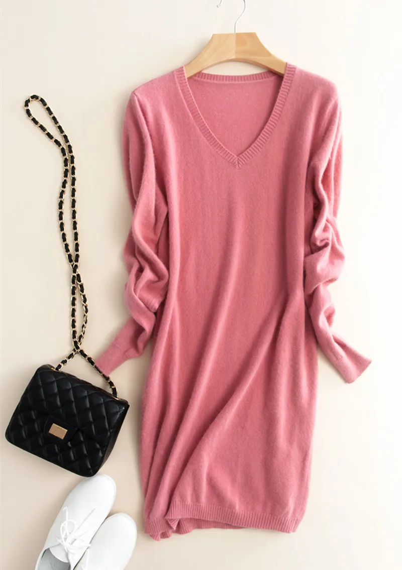 

100%goat cashmere knit women's commuting pullover sweater dress mid long above knees V/O-neck S/5XL wholesale retail