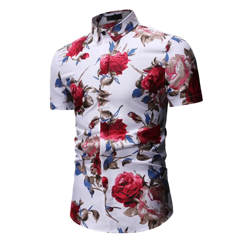 

Men Shirt Chemise Homme Summer Hawaiian Style Button Short Sleeve Turn-Down Collar Rose Print Shirts Tops Casual Beach Clothing