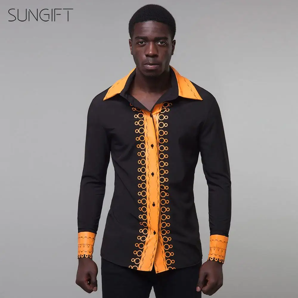 SUNGIFT African Male Long Sleeve Top Dashiki Ethnic Print Lapel Collar Button 2019 New Fashion Black Shirt Africa | Тематическая