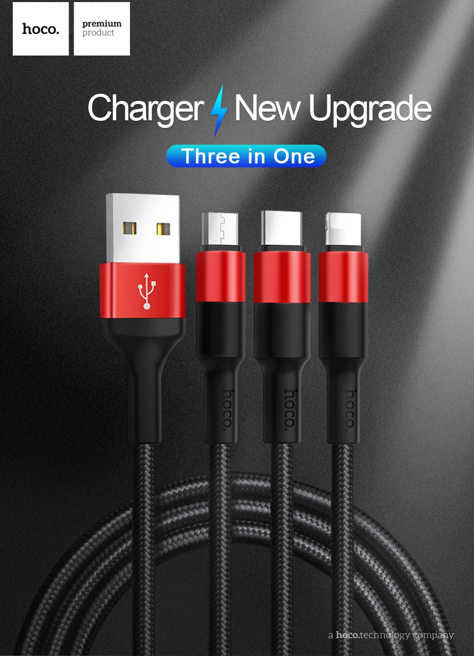 HOCO 3 в 1 USB кабель для iPhone X 8 7 6 3в1 Micro usb type C кабель зарядного устройства для samsung S9 Универсальный мобильный кабель для зарядки телефона