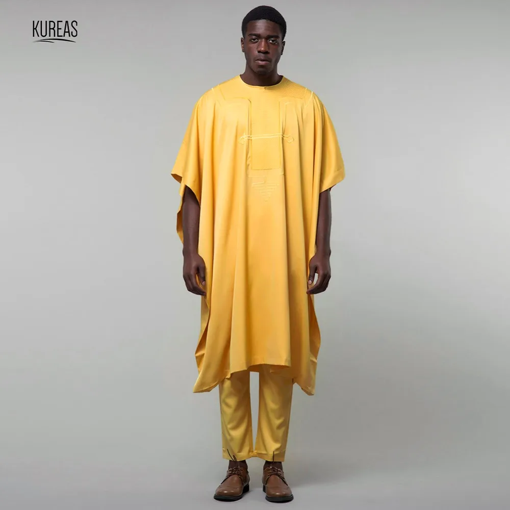 Kureas Африканский Agbada традиционный Мужской комплект из 3 предметов с короткими рукавами Дашики костюм желтый Бубу африканская Роба формальный наряд