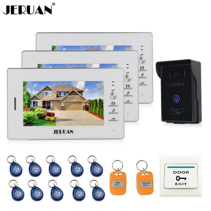 JERUAN 7 ''ЖК дисплей Экран видеодомофон видео домофон Системы 3 мониторы + 700TVL RFID