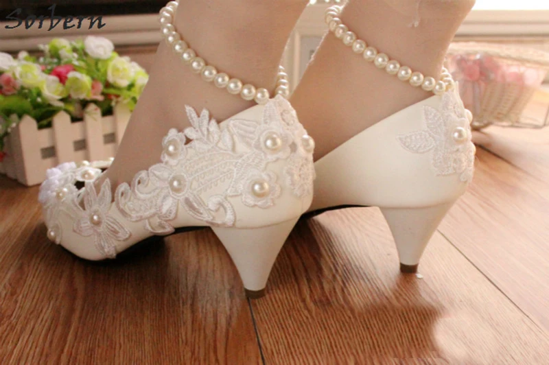 Sorbern белые свадебные туфли с кружевными цветами 5 см туфли-лодочки на каблуке