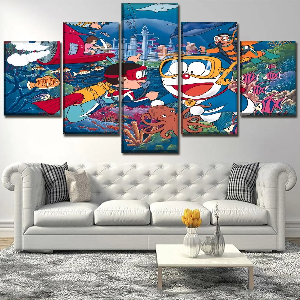 Canvas Paintings Living Room Wall Art 5 Pieces Anime Doraemon Underwater World Poster HD Prints Pictures Decorative Framework | Дом и сад