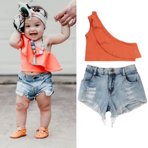 

T-shirt Vest Sleeveless Denim Shorts Casual Summer Girl Clothing Set Toddler Kids Girls Clothes Sets Off Shoudler 1-6T