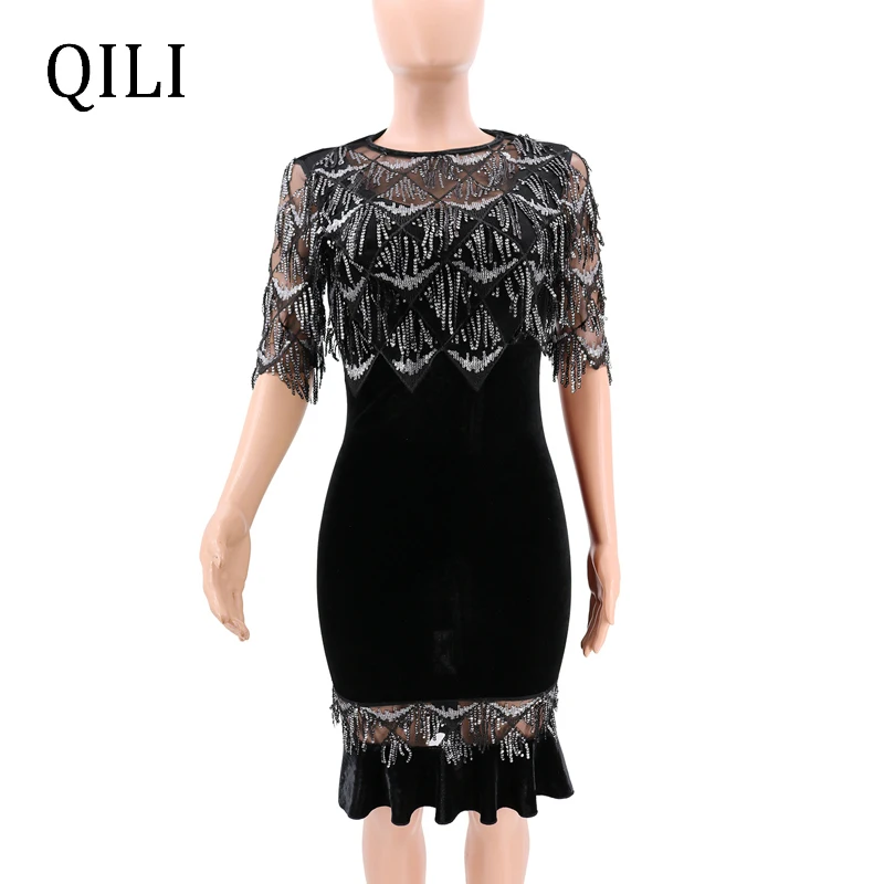 QILI Tassel Sequin Dress Elegant Lady Plaid Mesh Patchwork Ruffles Bodycon Dresses Half Sleeve O Neck Office | Женская одежда
