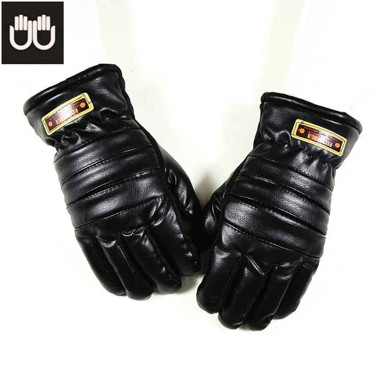 

Winter Warm Leather Gloves Men Open Bright Black PU Leather Thickened Cold-proof Outdoor Gloves