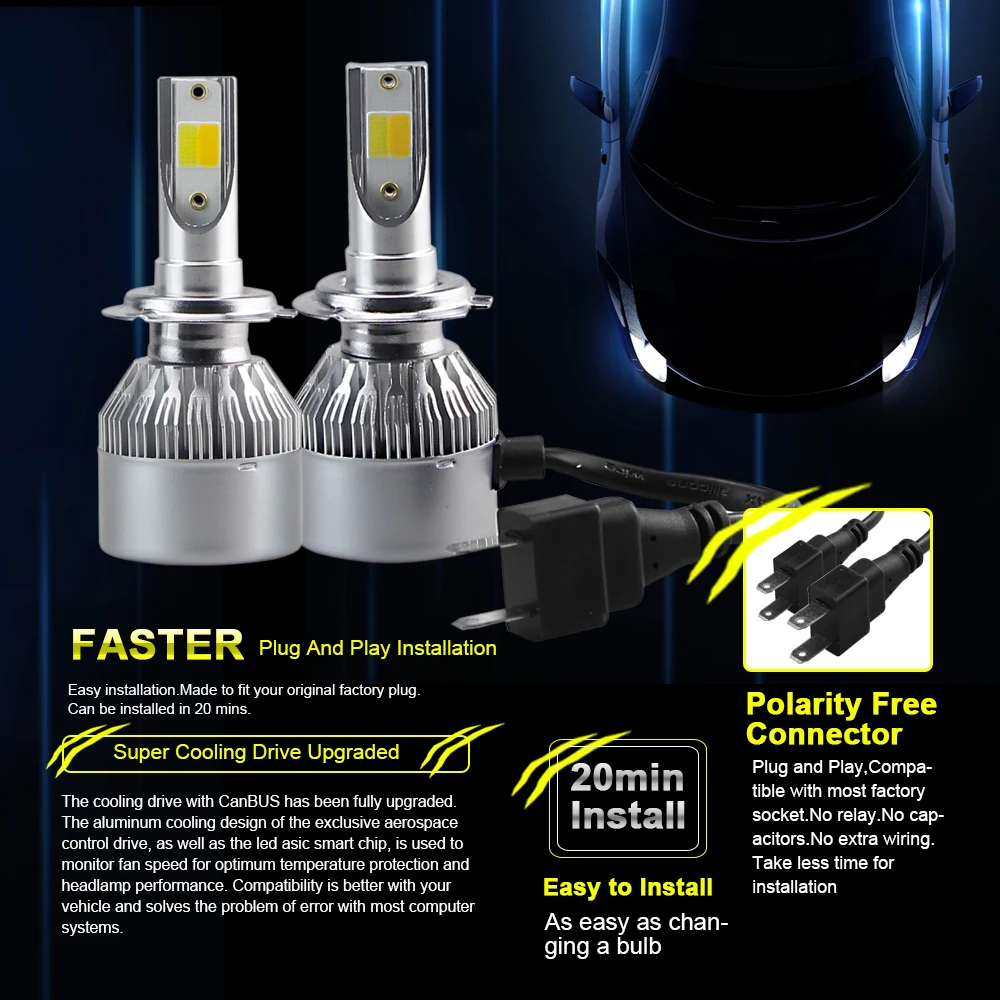 Комплект светодиодных автомобильных фар DARKEYE 8000K 4300K H4 H7 H1 H11 9005 HB3 9006 HB4 H8 2 шт. 72 Вт