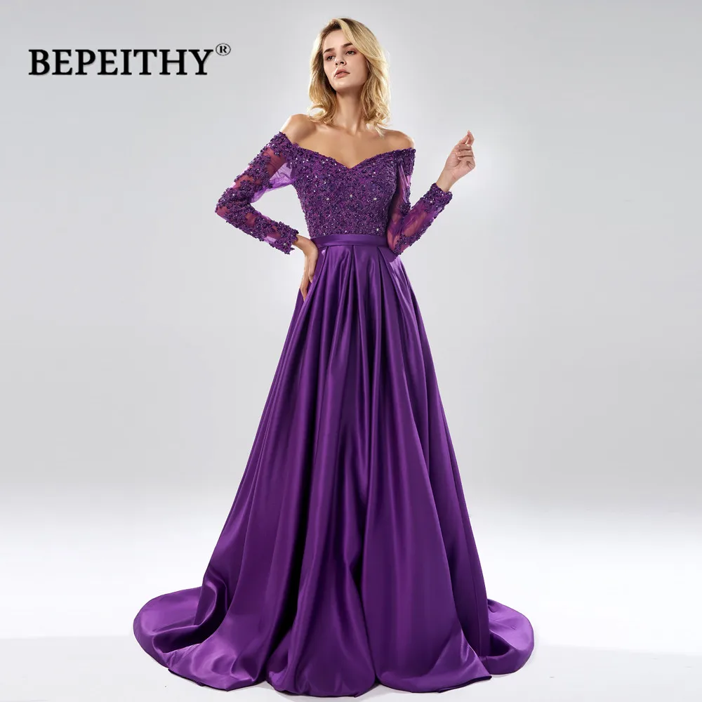 BEPEITHY Robe De Soiree с открытыми плечами длинное вечернее платье трапециевидной формы, вечерние, элегантные,, полный рукав, фиолетовый кружевной лиф, платье для выпускного вечера
