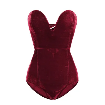 Wine Red Новинка, сексуальный облегающий бархатный женский комбинезон без рукавов с v-образным вырезом и открытой спиной, комбинезон на шнуровке, велюровый женский комбинезон, Vestido Roupas - Цвет: Wine Red