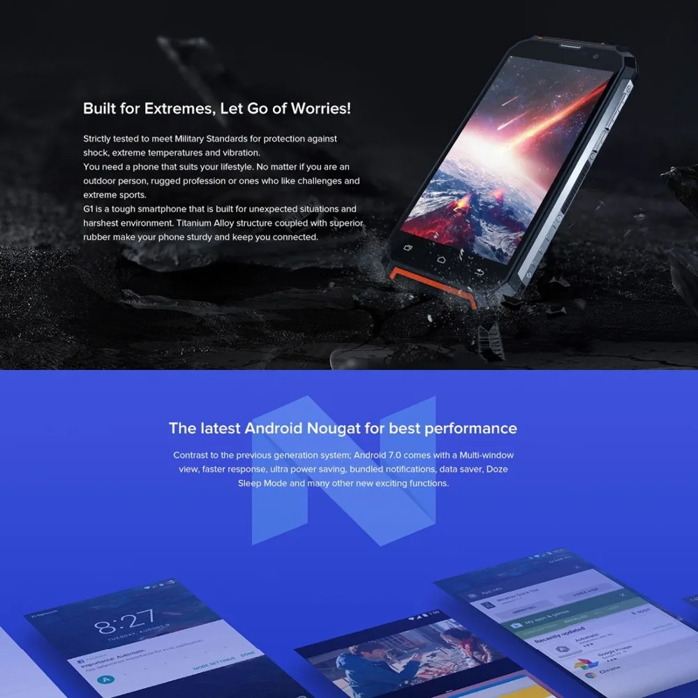 Geotel G1, 2 Гб оперативной памяти, 16 Гб встроенной памяти, 5,0 дюймов Android 7,0 MTK6580A смартфон противоударный 7500 мА/ч, Батарея 4 ядра, но не более чем на 1. 3g Гц 3g сотовый телефон