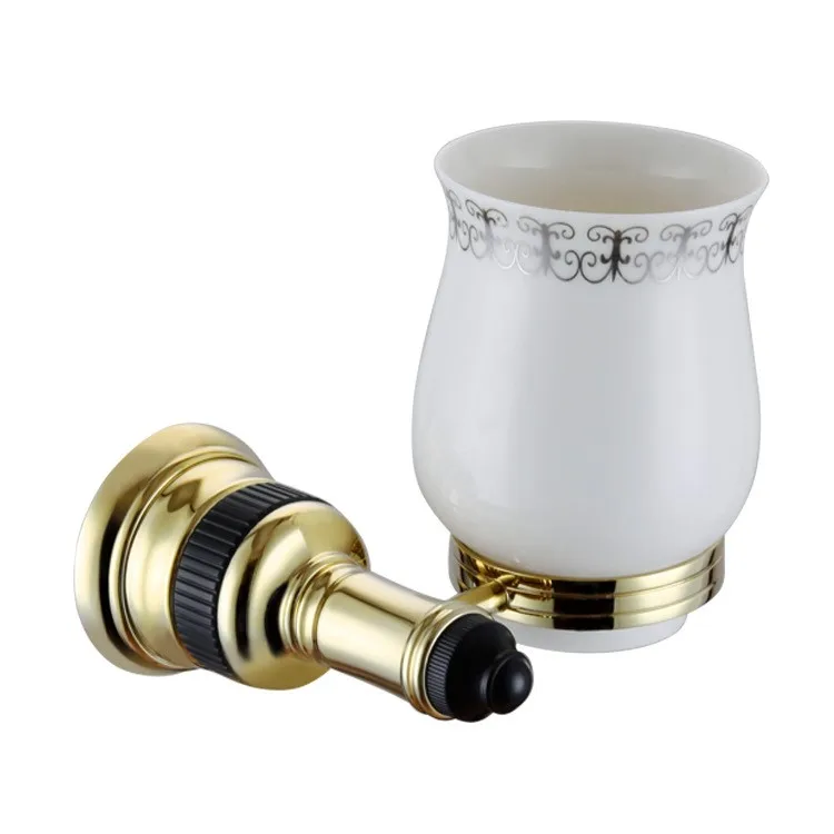 

European style gold Bathroom single Cup Wall Mounting Brass Toothbrush and Toothpaste Holder with White Ceramic Tumbler