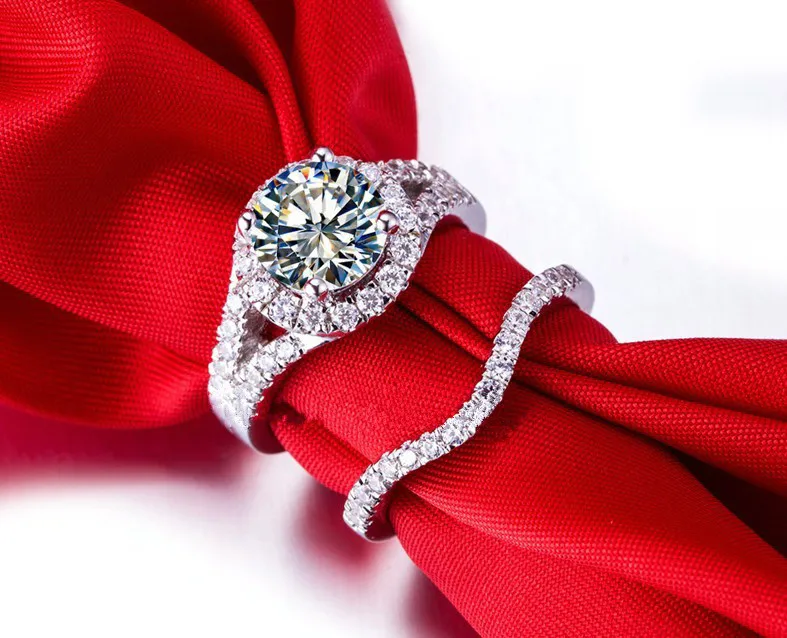 2CT Superb Sterling Silver Synthetic Diamond Rings Set Women S925 Wedding Classic Jewelry 18K White Gold Plated Halo Ring | Украшения и