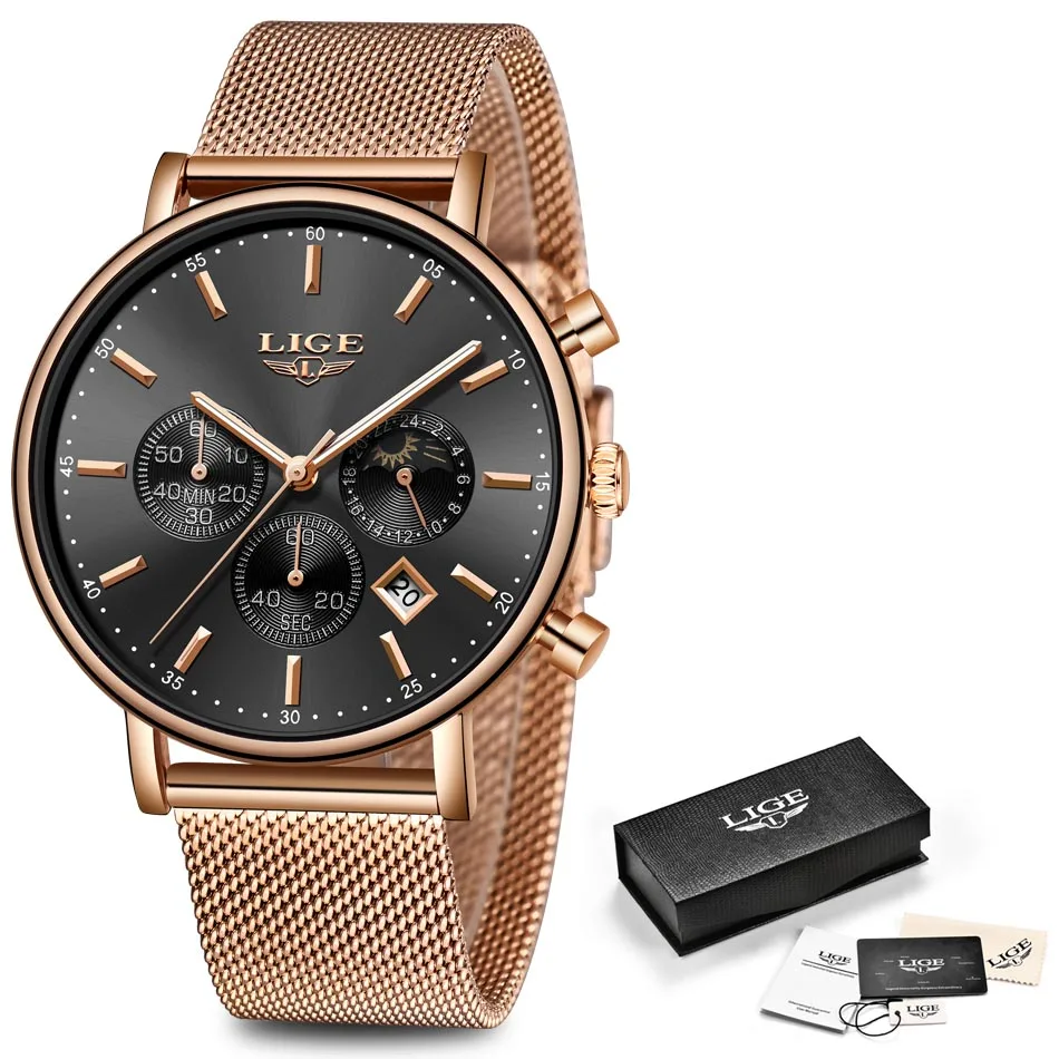 Rose gold black LIGE для женщин модные золотые синие кварцевые часы Леди сетки ремешок для часов Высокое качество повседневное водонепроницаемый наручные часы подарок - Цвет: Rose gold black