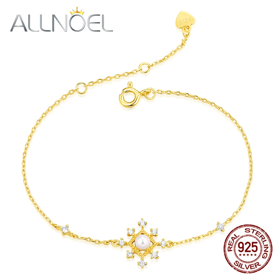 ALLNOEL S925 жемчужный браслет для женщин Настоящее серебро циркон снежинка звено