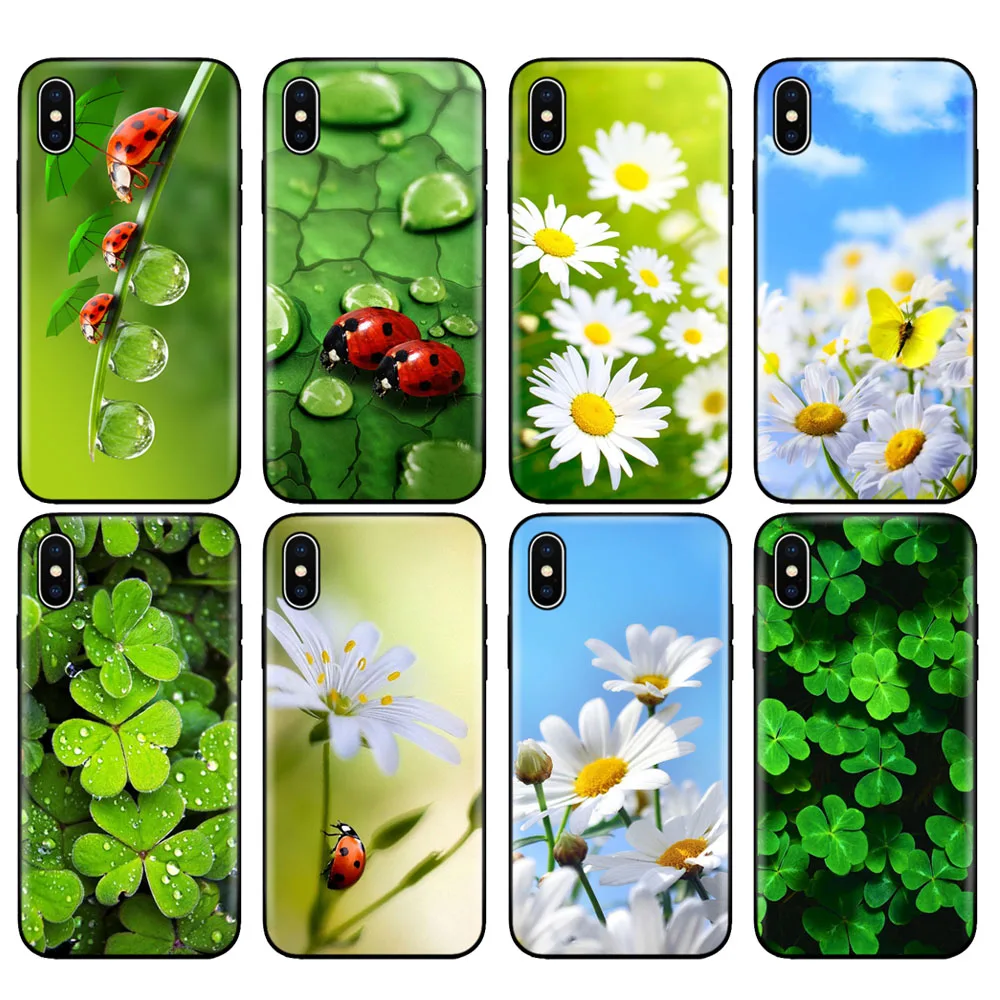 Черный чехол из ТПУ для iphone 5 6 6s 7 8 plus x 10 XR XS 11 pro MAX четыре листа божья коровка