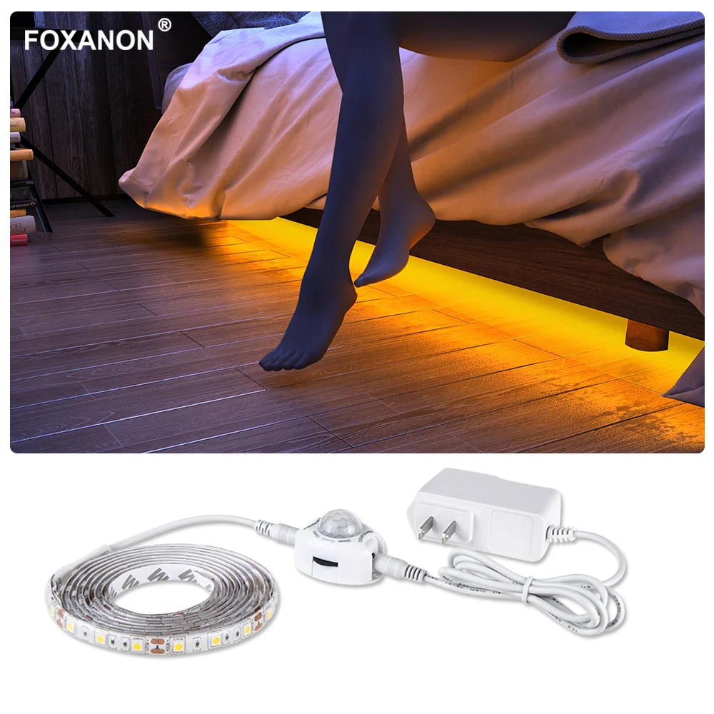 Foxanon 1 м 2 3 4 5 светодиодная полоса света DC12V 5050 SMD PIR датчик движения ночная лампа для